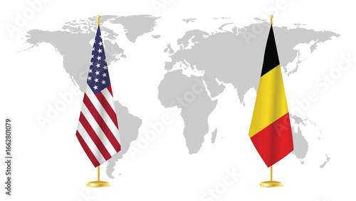  USA and Belgium stand flags on world map background. Symbolic of diplomatic relations, unity, and transatlantic cooperation. 3D rendered international concept design.