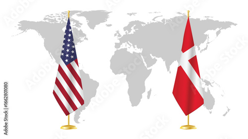 USA and Denmark stand flags on world map background. Symbolic of diplomatic relations, unity, and transatlantic cooperation. 3D rendered international concept design.
