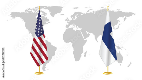  USA and Finland stand flags on world map background. Symbolic of diplomatic relations, unity, and transatlantic cooperation. 3D rendered international concept design.
