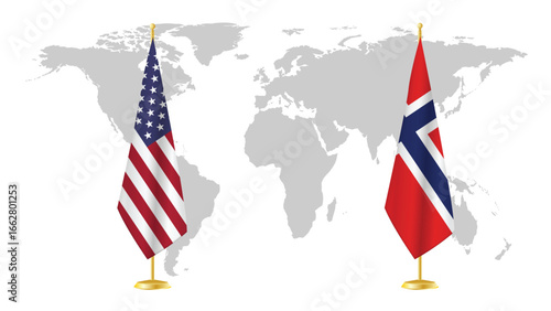  USA and Norway stand flags on world map background. Symbolic of diplomatic relations, unity, and transatlantic cooperation. 3D rendered international concept design.