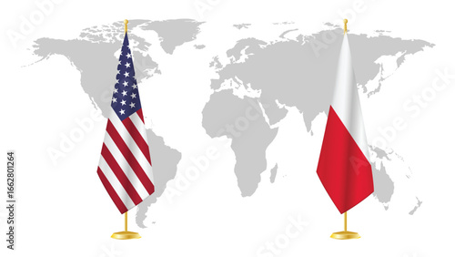  USA and Poland stand flags on world map background. Symbolic of diplomatic relations, unity, and transatlantic cooperation. 3D rendered international concept design.