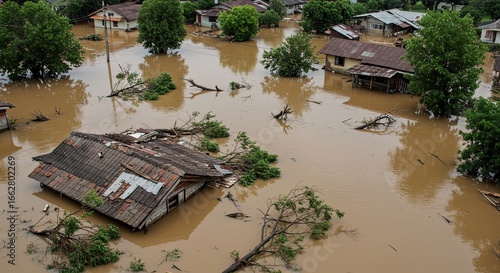 Devastating floodwaters submerge homes and trees, creating a scene of widespread destruction and highlighting the urgent need for disaster relief and climate change awareness worldwide now