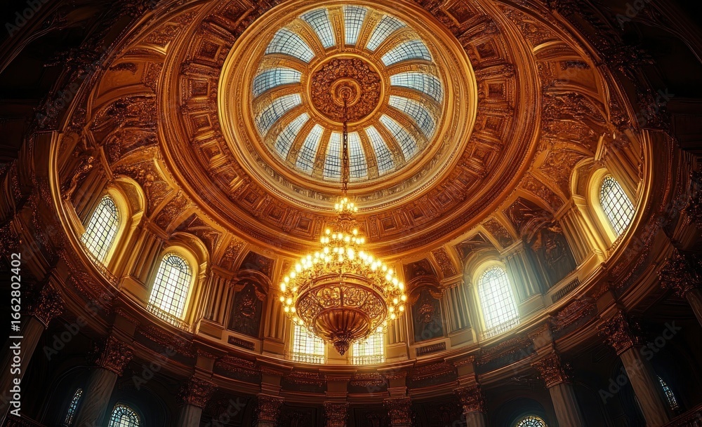 Obraz premium ornate circular dome ceiling with large chandelier and multiple tall arched windows glowing with warm golden light