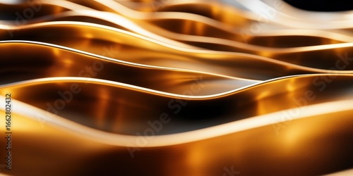 Close-up of smooth flowing golden metallic waves with glowing edges creating an abstract and elegant texture