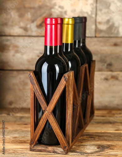 Four wine bottles in wooden rack on table
