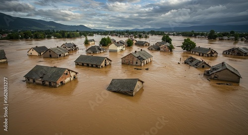 Devastating floodwaters inundate homes in a rural town after severe weather events, showing the impact of climate change and the urgent need for disaster relief and environmental protection