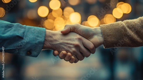 Close-up of two people shaking hands with warm bokeh lights in the background symbolizing agreement and connection