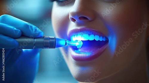 Close-up of a person receiving dental treatment with blue curing light shining on teeth while a gloved hand holds the dental tool