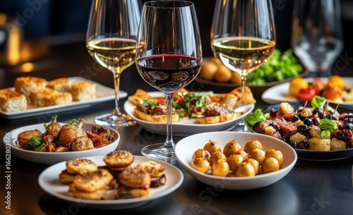 Assorted gourmet appetizer plates with roasted potatoes, small toasts, fruit salad, and three glasses of red and white wine on a dark table in warm light
