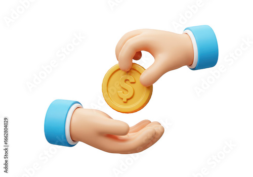 3d illustration of hands exchanging a gold dollar coin, symbolizing payment or financial transaction, isolated on transparent background