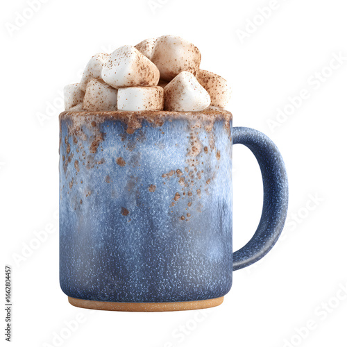 Cozy hot chocolate in a blue ceramic mug with marshmallows on a transparent background