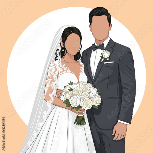 Bride and Groom Wedding Portrait Illustration with Bouquet