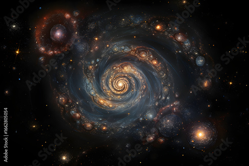 Abstract galaxy artwork resembling a cosmic spiral with vibrant glowing dots and swirling lines on black background offering a visual representation of data science and