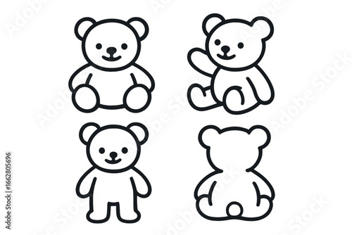 Cute cartoon teddy bears displayed in four different poses on a white background