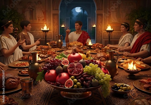 Ancient roman feast with people and abundant food table