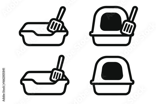 Designs featuring cat litter boxes and scoops in minimalist style with black outlines