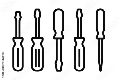 Collection of various screwdriver tools arranged in a line for maintenance or repair activities in a workshop setting