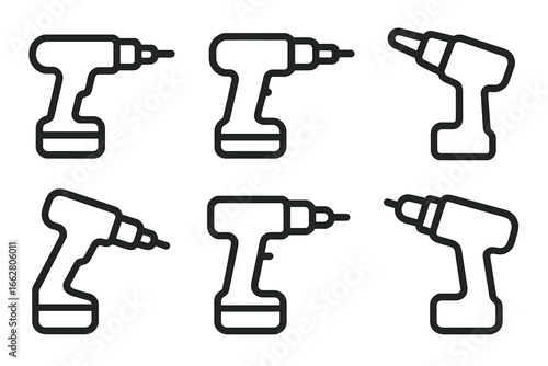 Various illustrations of drilling tools arranged in a grid format showcasing different views and designs of cordless drills