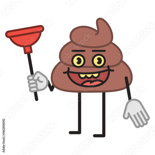 Poop character half turn holding plunger and smiling