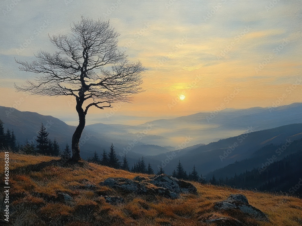 Obraz premium solitary leafless tree on rocky grassy hill overlooking misty mountain ranges during soft golden sunrise under a cloudy sky