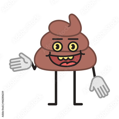 Poop character points hand and smiling