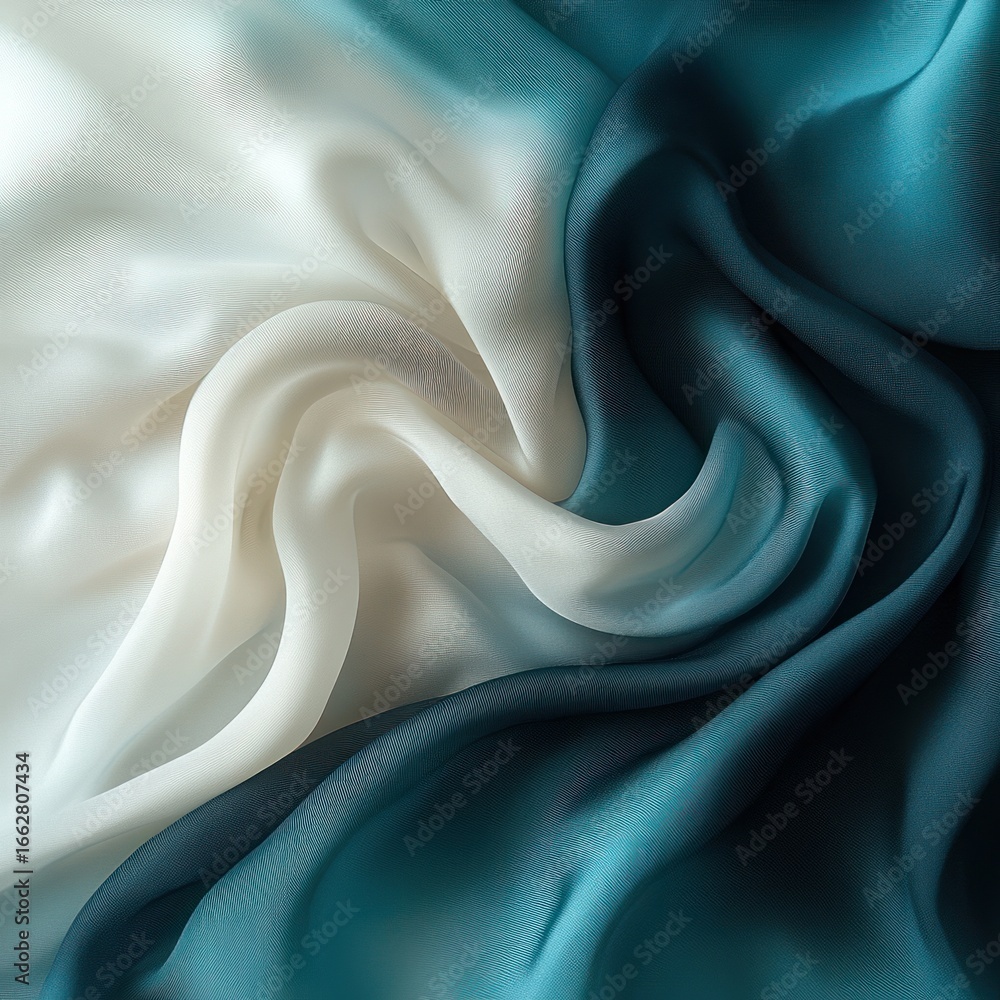 Obraz premium Smooth flowing fabric in shades of white and teal teal creating soft curves and delicate light reflections