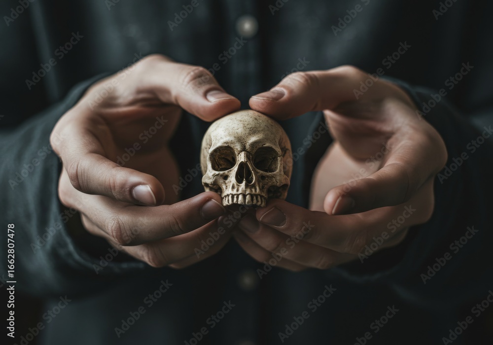 Fototapeta premium Hands holding a small skull, dark and moody atmosphere