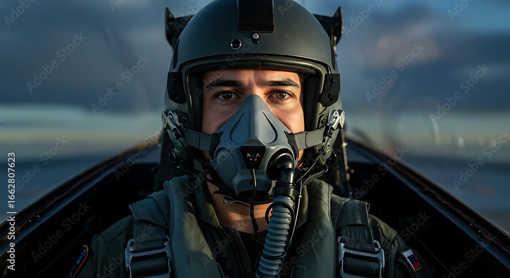 Fototapeta premium Fighter pilot inside cockpit wearing helmet and mask looking forward