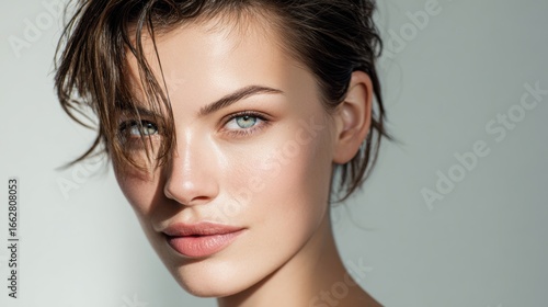 A close-up portrait of a beautiful woman with short, tousled brown hair. The image conveys natural beauty, confidence, and a sensual yet edgy style captured with soft, dramatic light.