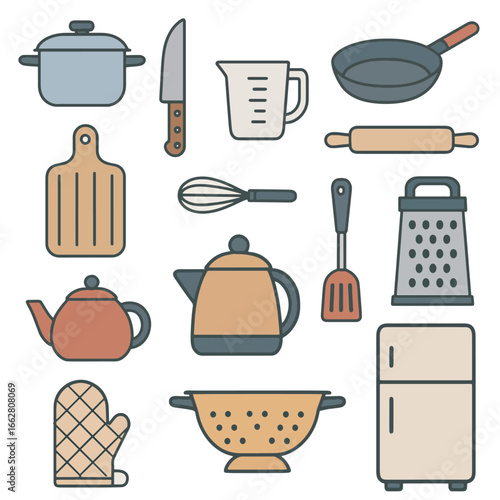 Flat Design Kitchenware Set With Simple Line Art Cooking Utensils