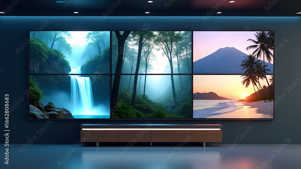 Fototapeta premium Multimedia Video Wall Displaying Nature Wallpapers in Modern High-Tech Interior