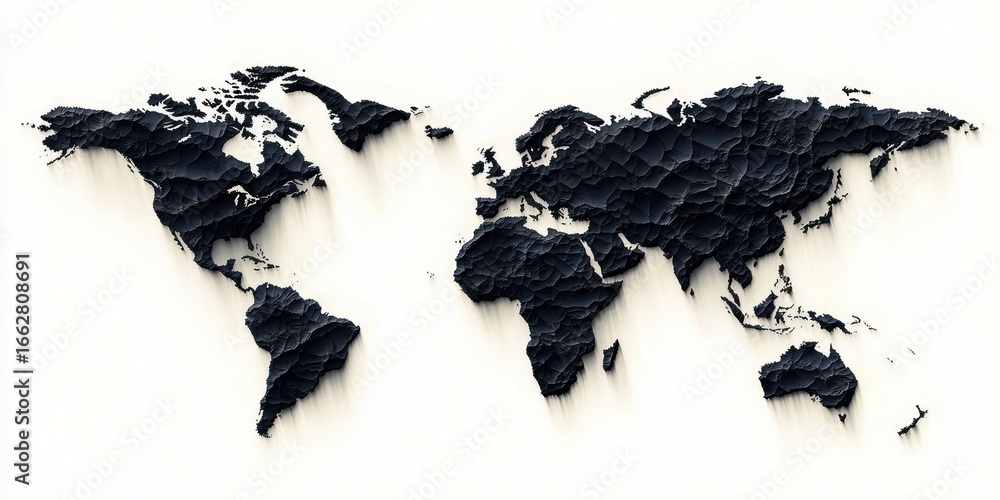 Obraz premium black cracked world map with shadows on white background creating a textured 3d effect