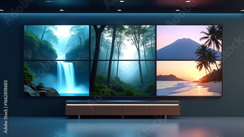 Multimedia Video Wall Displaying Nature Wallpapers in Modern High-Tech Interior