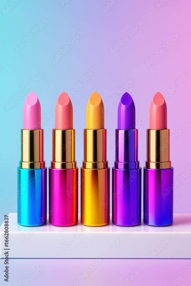 Obraz premium Five colorful lipsticks arranged in a row makeup beauty