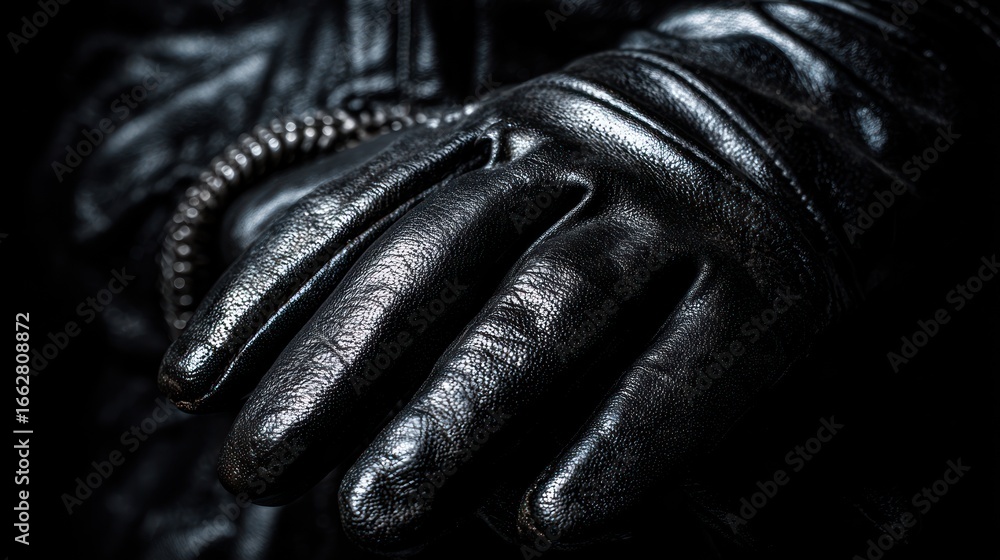 Obraz premium Gloved hand lies atop dark, textured leather