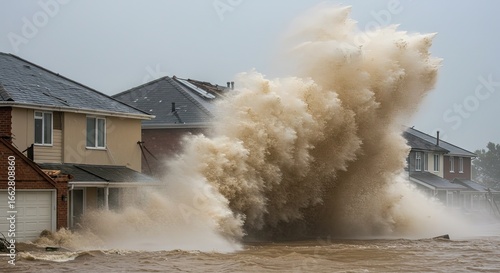 Flooding disaster strikes homes with powerful waves crashing against houses and rising water levels, demonstrating the urgent need for climate change action and emergency preparedness