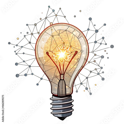 Brilliant idea sparks innovation with glowing lightbulb and intricate network connections symbolizing creativity and progress