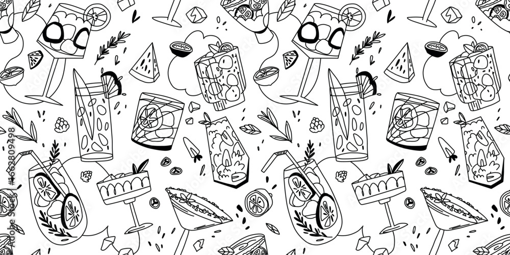 Fototapeta premium Cocktail summer pattern for coloring, seamless beach party in black outline, glasses with mocktails