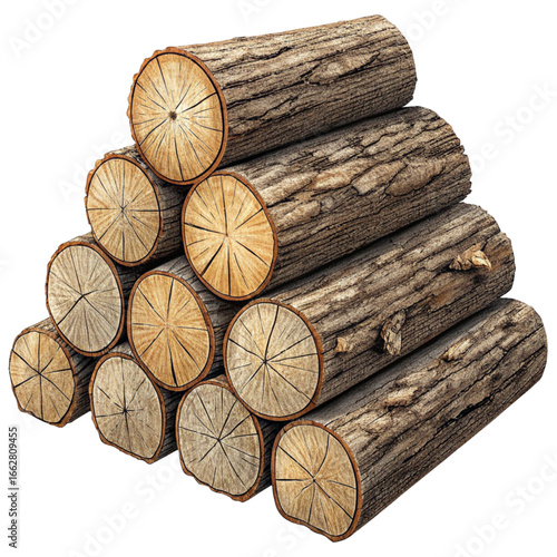 Stack of rustic, natural wood logs ready for building or cozy fires, showcasing textured bark and detailed grain.