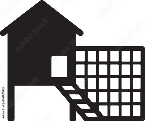 Coop with run enclosure silhouette icon, vector design for poultry, farm, chicken housing, and livestock projects.