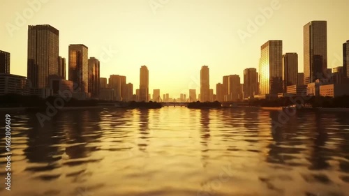 Golden Hour Cityscape: River Reflection, Urban Skyline Sunset