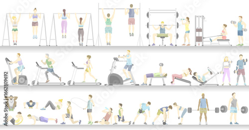 Color illustration collection of people training in the gym
