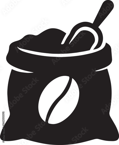 Coffee sack with scoop silhouette icon, vector design for cafe, coffee beans, and roasting projects.
