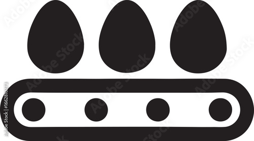 Conveyor belt with eggs silhouette icon, vector design for poultry, farm, packaging, and food industry projects.