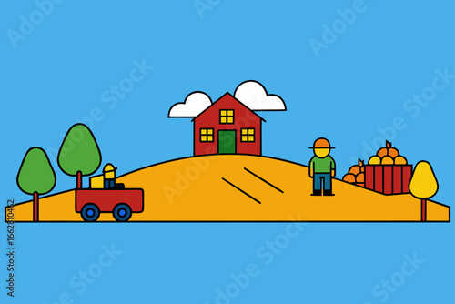 Farm landscape during autumn with pilgrims on a hayride vector illustration