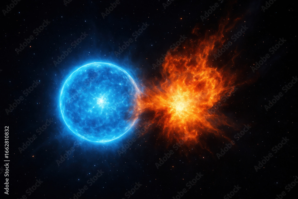 Obraz premium Binary Star System Illustration, Cosmic Collision, Space Art
