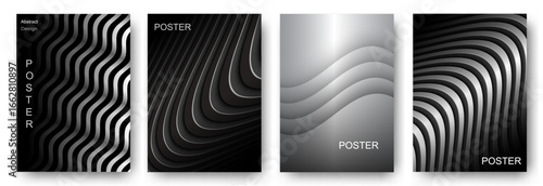 Abstract black and white striped poster background vector set. Minimalist cov...