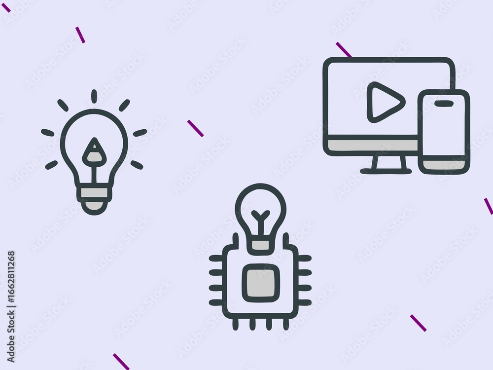 Digital components light bulbs computers and smartphones illuminate a bright background showcasing modern tech. Digital components light bulbs computers and smartphones illuminate a bright background showcasing modern tech.