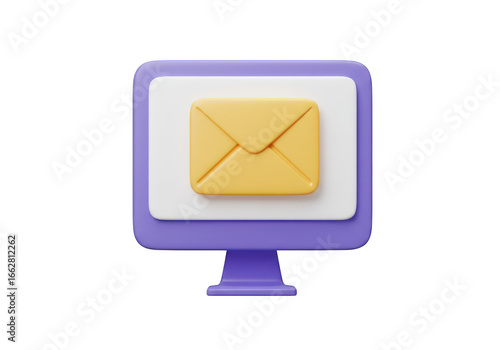 3d illustration of a purple computer monitor displaying a yellow email envelope icon, isolated on transparent background