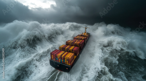 A container cargo ship navigates through a turbulent sea under stormy skies. Generative AI.